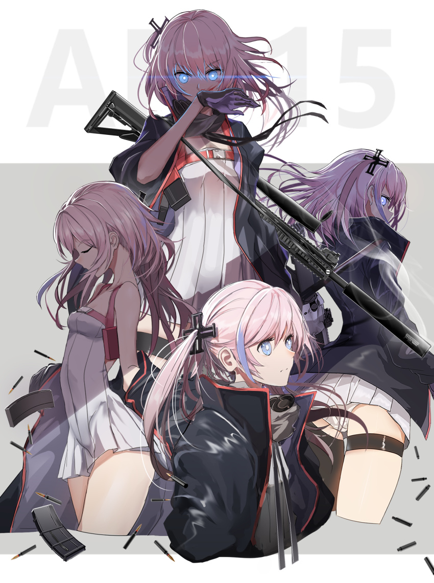 1girl absurdres ar-15 ass asymmetrical_legwear bangs bare_shoulders black_jacket black_legwear blood blood_on_face blue_eyes blush breasts bullet character_name closed_eyes closed_mouth collarbone commentary cropped_legs dress eyebrows_visible_through_hair girls_frontline gloves grey_background gun hair_between_eyes hair_ornament highres jacket long_hair long_sleeves magazine multiple_views object_namesake open_clothes open_jacket panties pink_hair pleated_dress profile purple_gloves revision ribbed_dress rifle single_thighhigh sleeveless sleeveless_dress small_breasts smoke st_ar-15_(girls_frontline) swav thigh-highs thigh_strap twintails two-tone_background underwear very_long_hair weapon weapon_on_back white_background white_dress white_panties