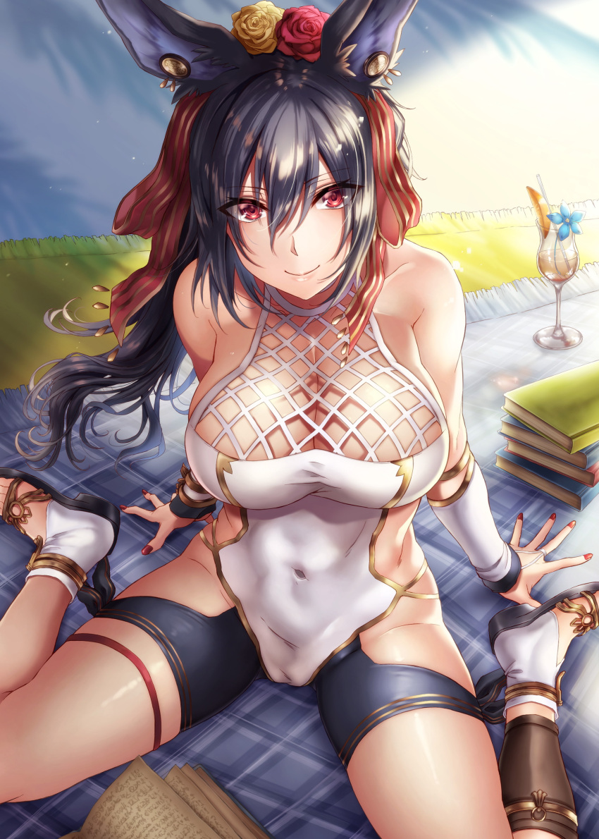 1girl absurdres animal_ears arm_support black_hair blanket blush book breasts cleavage collarbone covered_navel cup drinking_glass drinking_straw erune flower granblue_fantasy hair_between_eyes hair_flower hair_ornament hair_ribbon highres hikari_(komitiookami) ilsa_(granblue_fantasy) large_breasts long_hair looking_at_viewer nail_polish outdoors red_eyes red_nails revision ribbon rose sitting smile solo swimsuit wariza wind