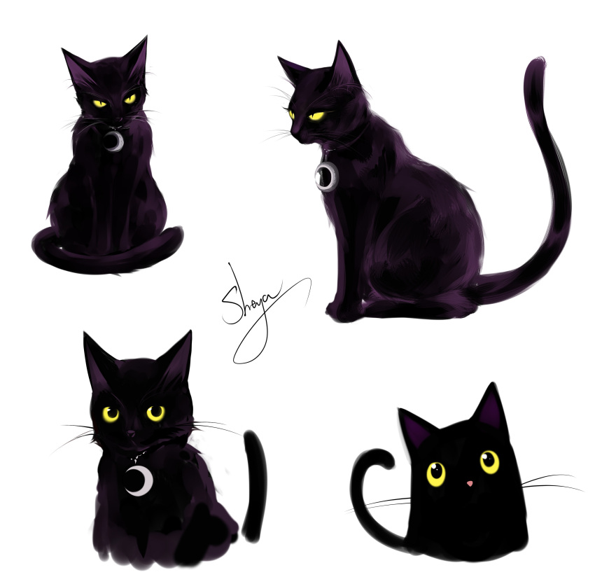 absurdres artist_name black_cat cat cat_focus chinese_commentary commentary_request crescent highres no_humans original sheya signature simple_background sitting whiskers white_background yellow_eyes