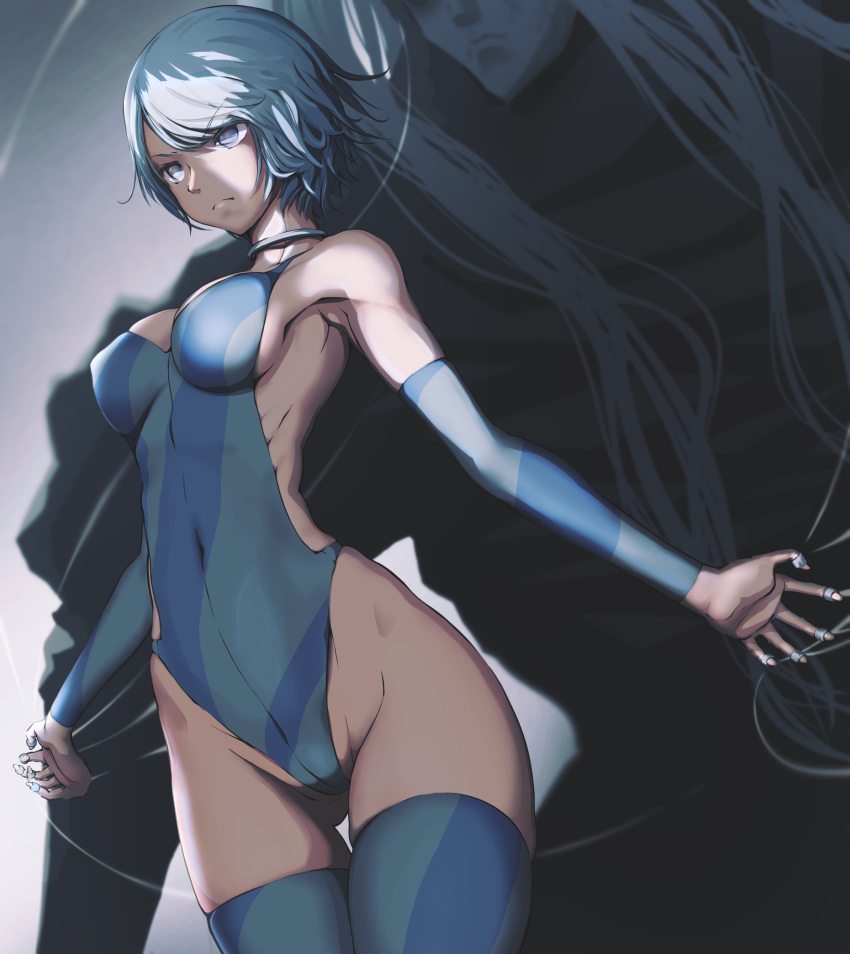 1girl armpits ass_visible_through_thighs bare_shoulders breasts breasts_apart choker closed_mouth commentary_request covered_navel covered_nipples cowboy_shot dark detached_sleeves eyebrows_visible_through_hair grey_eyes groin harlequin_(karakuri_circus) highleg highleg_leotard highres hip_bones hips karakuri_circus leotard medium_breasts pandarou puppet puppet_strings revision ribs shirogane_(karakuri_circus) short_hair silver_hair skin_tight skinny slender_waist standing thigh-highs thigh_gap