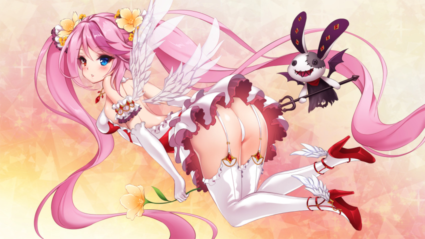 1girl armband ass bare_shoulders blue_eyes breasts elbow_gloves flower full_body garter_straps gloves hair_flower hair_ornament heterochromia high_heels holding holding_flower iron_saga jewelry long_hair looking_at_viewer looking_back necklace panties pink_hair polearm red_eyes red_footwear simple_background slokai_(iron_saga) small_breasts stuffed_animal stuffed_bunny stuffed_toy toriseru_(thesuperhero) trident twintails underwear very_long_hair weapon white_gloves white_legwear white_panties white_wings wings yellow_flower