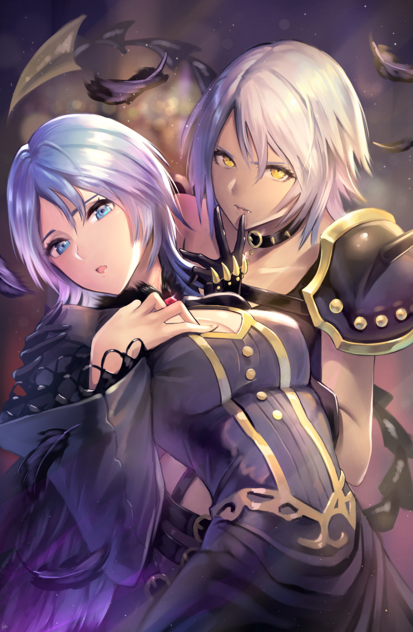 2girls aqua_(kingdom_hearts) arm_around_shoulder asymmetrical_clothes black_dress black_feathers blue_eyes blue_hair blurry breasts brooch choker cleavage cleavage_cutout dark_skin depth_of_field dress dual_persona fang feathers finger_to_mouth fur_collar fur_trim gogo_(detteiu_de) highres jewelry kingdom_hearts kingdom_hearts_iii leaning_back looking_at_viewer multiple_girls open_mouth short_hair shoulder_armor silver_hair spiked_choker spikes upper_body wide_sleeves yellow_eyes