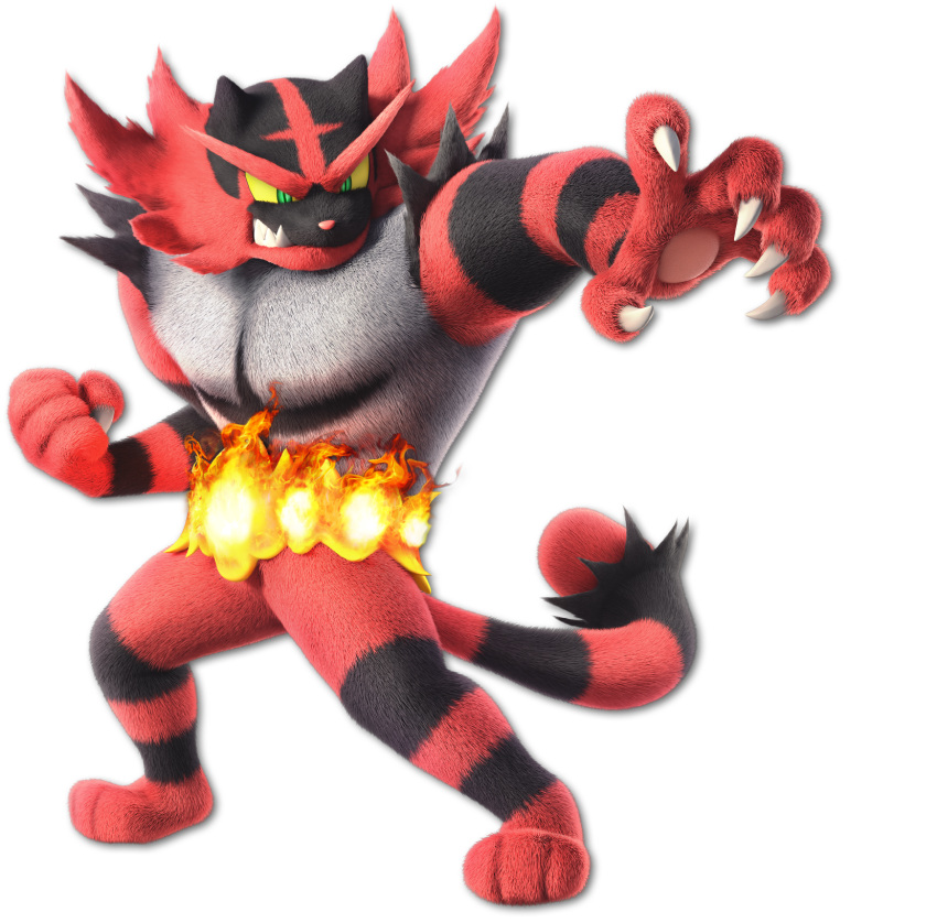 black_stripes cat claws clenched_hand creatures_(company) fangs fighting_stance game_freak gen_7_pokemon green_eyes highres incineroar nintendo no_humans official_art outstretched_arm pokemon pokemon_(creature) pokemon_sm pokemon_sun_and_moon red_fur sharp_teeth slit_pupils solo super_smash_bros. super_smash_bros._ultimate tail teeth transparent_background yellow_sclera