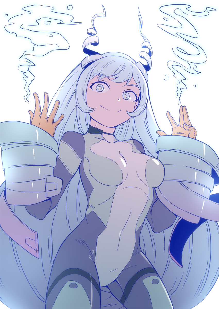 1girl absurdres blue_eyes blue_hair bodysuit boku_no_hero_academia breasts covered_navel drill_hair energy gloves hadou_nejire hands_up highres long_hair looking_at_viewer medium_breasts skin_tight smile solo standing very_long_hair white_background yellow_gloves