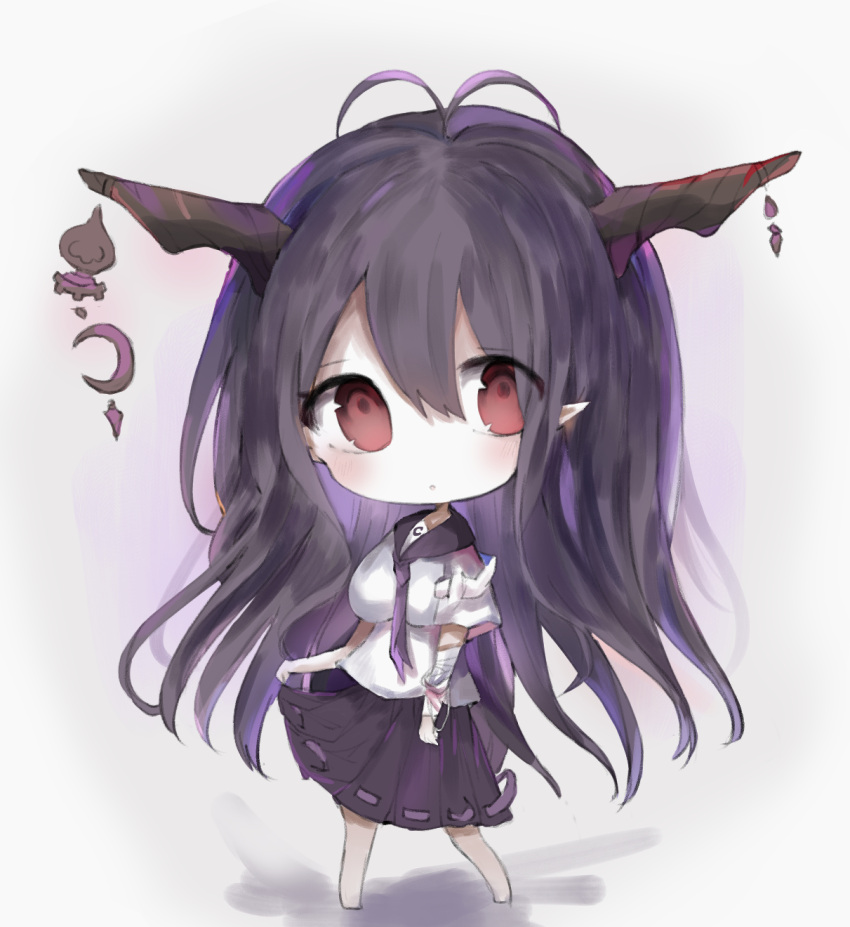 1girl :o antenna_hair bandage bandaged_arm bandages bangs barefoot black_sailor_collar black_skirt blush breasts chibi commentary_request cottontailtokki crescent danua draph eyebrows_visible_through_hair full_body granblue_fantasy grey_background hair_between_eyes head_tilt highres horn_ornament horns long_hair looking_at_viewer medium_breasts neckerchief parted_lips pleated_skirt pointy_ears purple_hair purple_neckwear red_eyes ribbon-trimmed_skirt ribbon_trim sailor_collar school_uniform serafuku shirt short_sleeves skirt solo standing very_long_hair white_shirt wide_sleeves