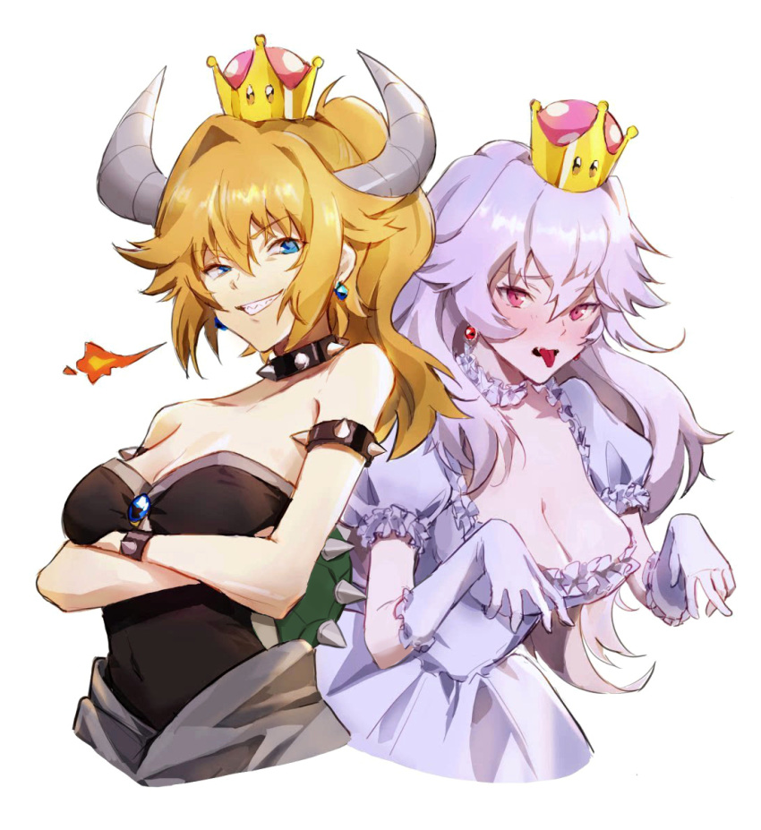 2girls :d :p bare_shoulders blonde_hair blue_eyes blush bowsette breasts cleavage commentary crossed_arms crown dress earrings fang fire ghost gloves grin highres horns jewelry luigi's_mansion super_mario_bros. medium_breasts multiple_girls namunamu_(kkyyao) new_super_mario_bros._u_deluxe nintendo open_mouth princess_king_boo puffy_short_sleeves puffy_sleeves revision sharp_teeth shell short_sleeves simple_background smile spiked_shell strapless strapless_dress super_crown teeth tongue tongue_out upper_body violet_eyes white_background white_hair