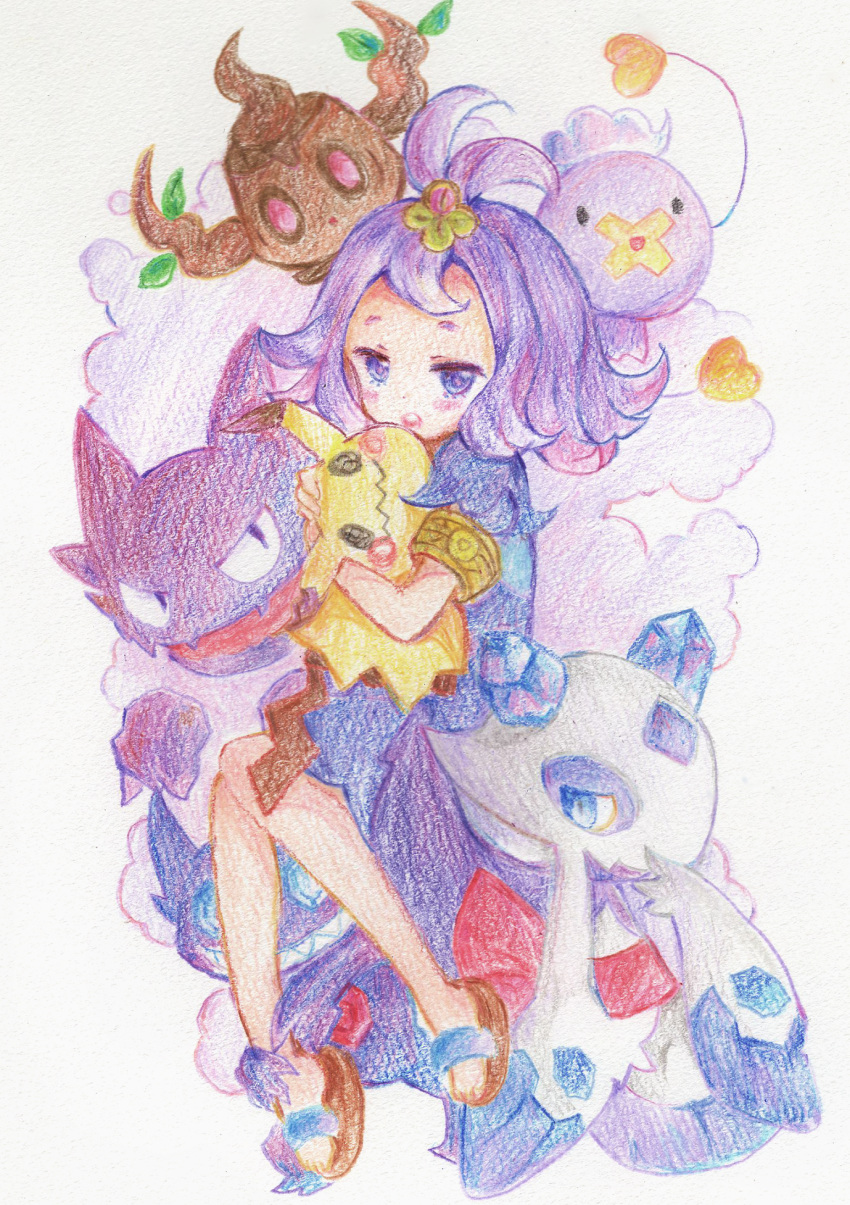 1girl :d acerola_(pokemon) antenna_hair armlet bangs blue_dress blush_stickers brown_footwear commentary_request creatures_(company) dress drifloon fangs forehead froslass game_freak gen_1_pokemon gen_4_pokemon gen_6_pokemon gen_7_pokemon grey_background hair_ornament haunter heart highres hug looking_at_viewer mimikyu nintendo open_mouth parted_bangs parted_lips phantump pokemon pokemon_(creature) pokemon_(game) pokemon_sm purple_hair sandals sharp_teeth short_sleeves smile teeth traditional_media tsukiyo_(skymint) upper_teeth violet_eyes