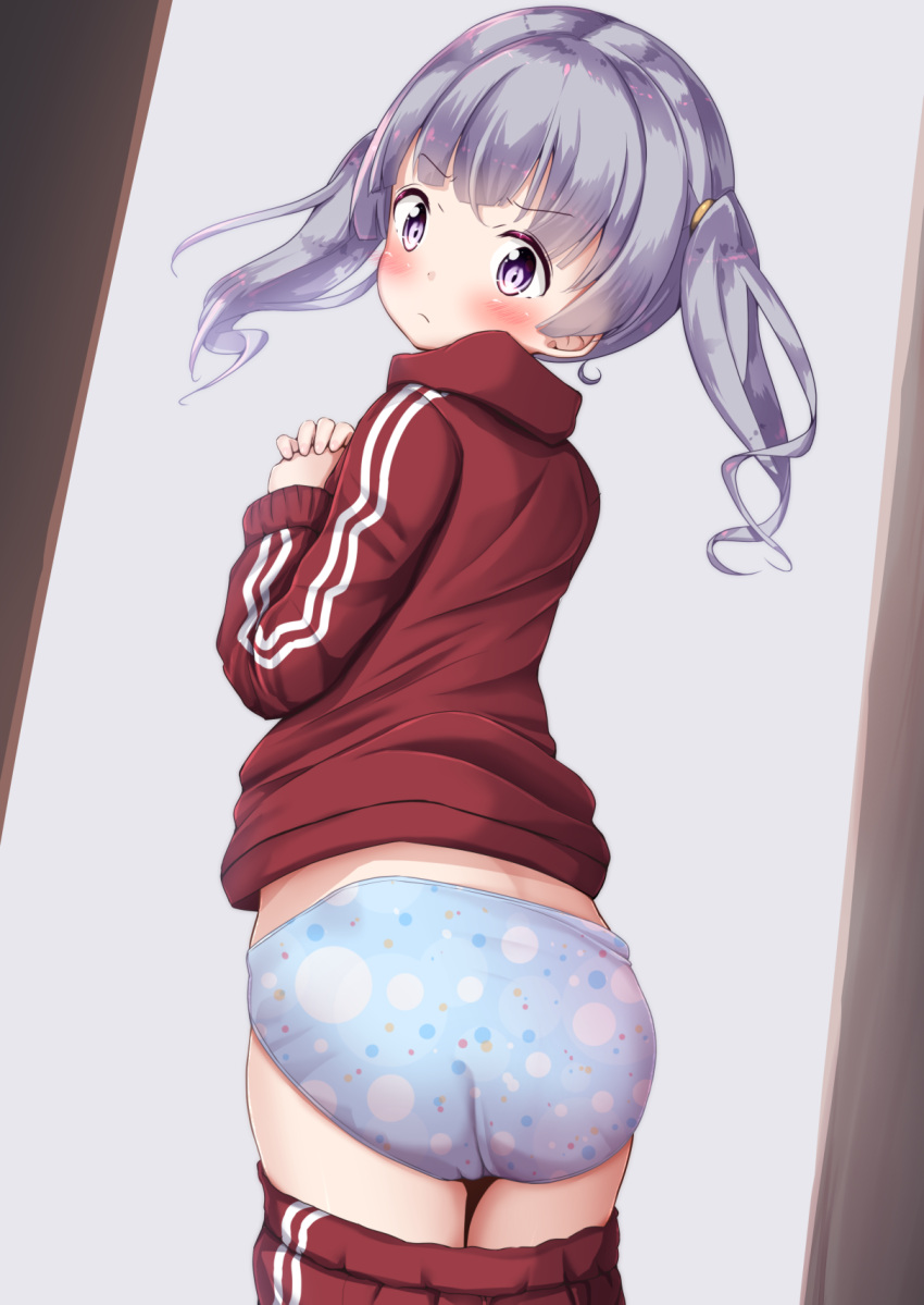 1girl ass bangs blue_panties blush closed_mouth commentary_request eyebrows_visible_through_hair grey_hair hands_up head_tilt highres jacket kantai_collection long_hair long_sleeves looking_at_viewer looking_back mochiyuki ooshio_(kantai_collection) own_hands_together panties pants pants_pull red_jacket red_pants solo standing track_jacket track_pants track_suit twintails underwear v-shaped_eyebrows violet_eyes