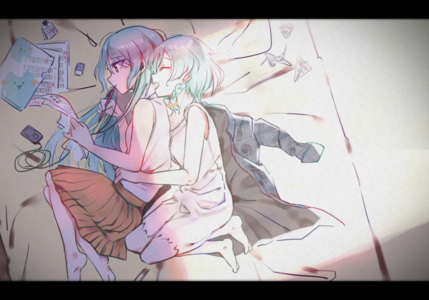 2girls bang_dream! barefoot bed blue_hair braid closed_eyes digital_media_player dress earphones green_eyes highres hikawa_hina hikawa_sayo hug hug_from_behind incest kapu_(gxjn7247) letterboxed long_hair lying multiple_girls on_side origami paper paper_airplane paper_crane pen sheet_music short_hair siblings sisters skirt smile twin_braids twins yuri