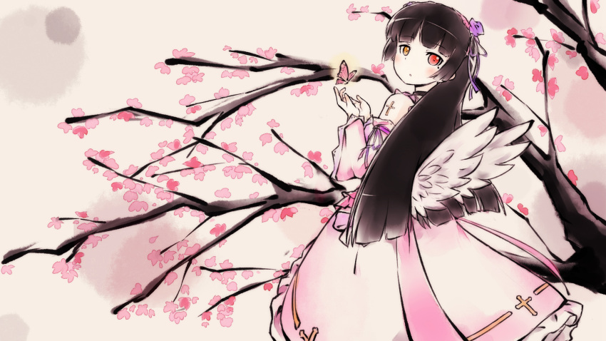 1girl angel_wings black_hair blush bug butterfly cherry_blossoms choker color_ink_(medium) dress electricdipole gokou_ruri hair_ribbon highres hime_cut ink insect lolita_fashion long_dress long_hair long_sleeves looking_back mole mole_under_eye ore_no_imouto_ga_konna_ni_kawaii_wake_ga_nai pink_dress red_eyes ribbon solo wings