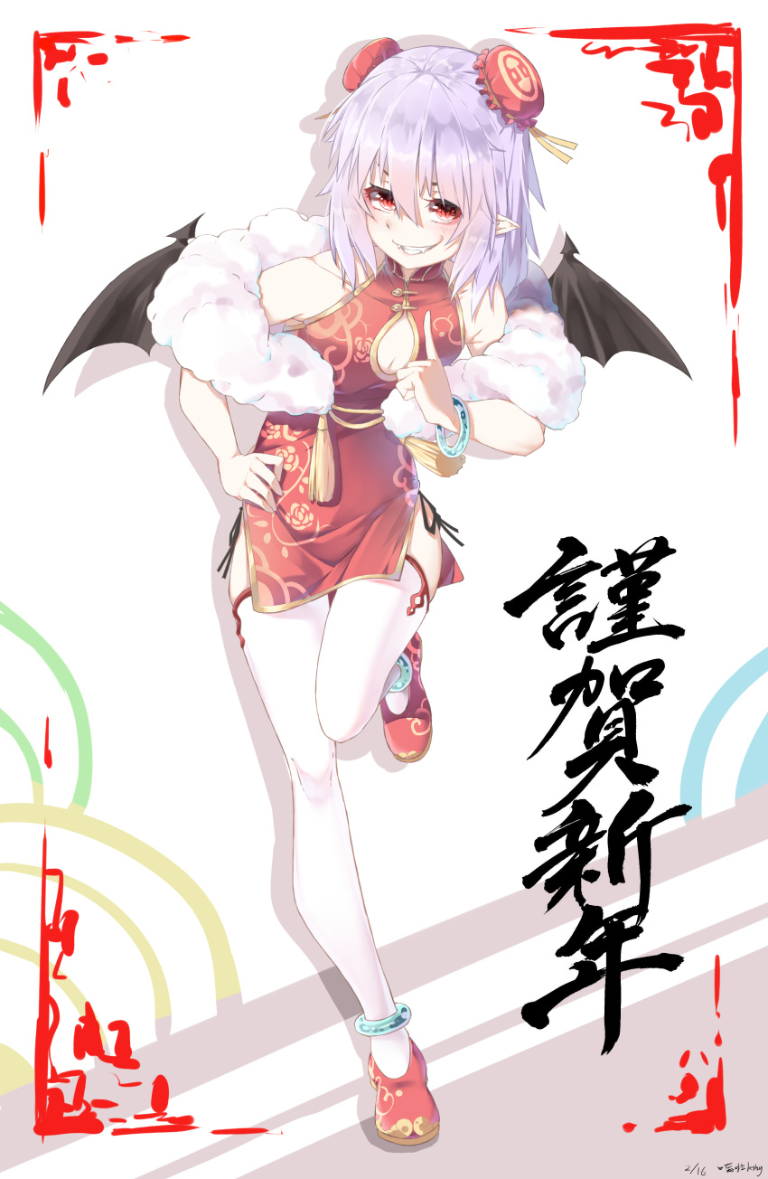 1girl absurdres alternate_costume anklet bare_shoulders bat_wings black_legwear black_panties black_wings breasts bun_cover china_dress chinese_clothes chinese_commentary cleavage_cutout collarbone double_bun dress fangs full_body gala_king grin hair_between_eyes highres index_finger_raised jewelry lavender_hair looking_at_viewer panties pointy_ears red_dress red_eyes red_footwear remilia_scarlet shoes short_dress side-tie_panties small_breasts smile solo standing standing_on_one_leg teeth thigh-highs touhou underwear wings