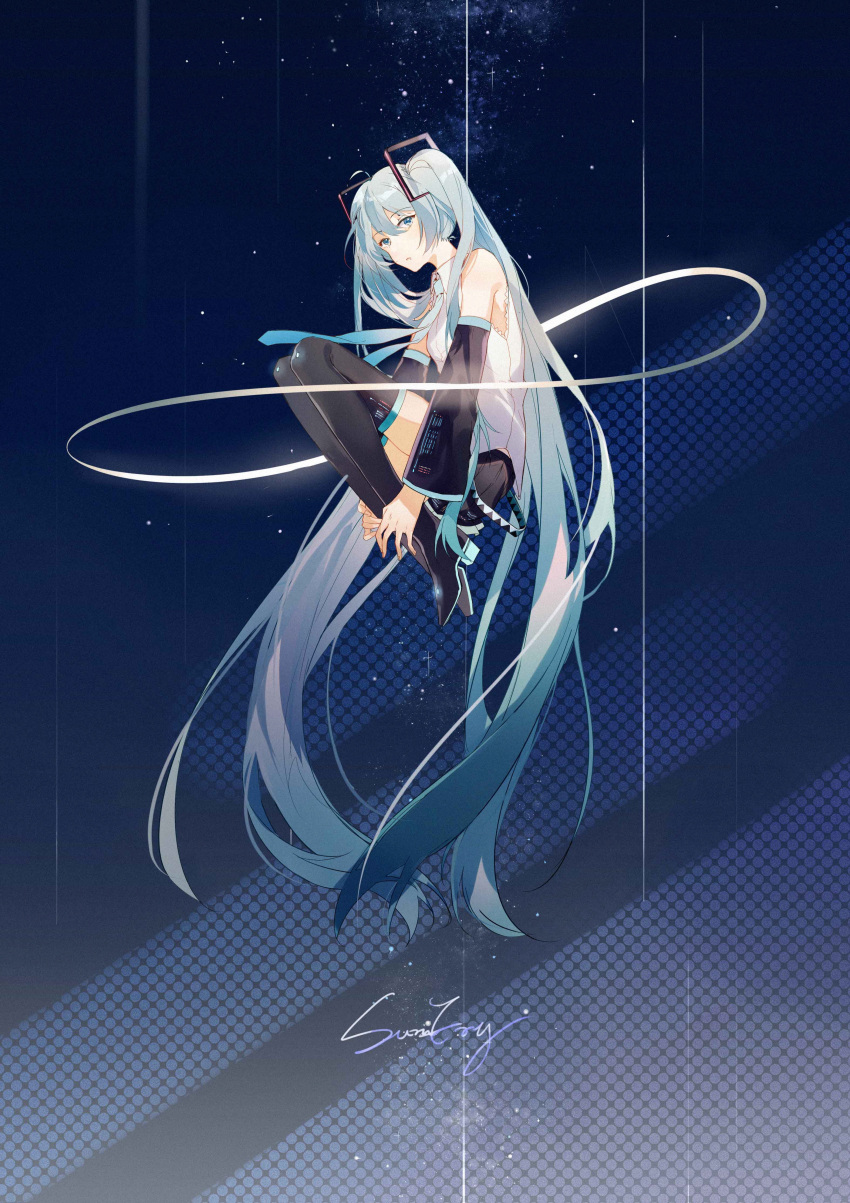 1girl :o absurdly_long_hair absurdres artist_name bare_shoulders blue_background blue_eyes blue_hair blue_neckwear clothes_lift commentary detached_sleeves expressionless eyebrows_visible_through_hair fingernails floating_hair full_body gradient gradient_background hand_on_own_leg hatsune_miku highres infinity long_hair looking_at_viewer night night_sky open_mouth polka_dot polka_dot_background shirt signature simple_background skirt sky sleeveless sleeveless_shirt solo star star_(sky) starry_background starry_sky sumery symbol_commentary thigh-highs thighs twintails very_long_hair vocaloid white_shirt