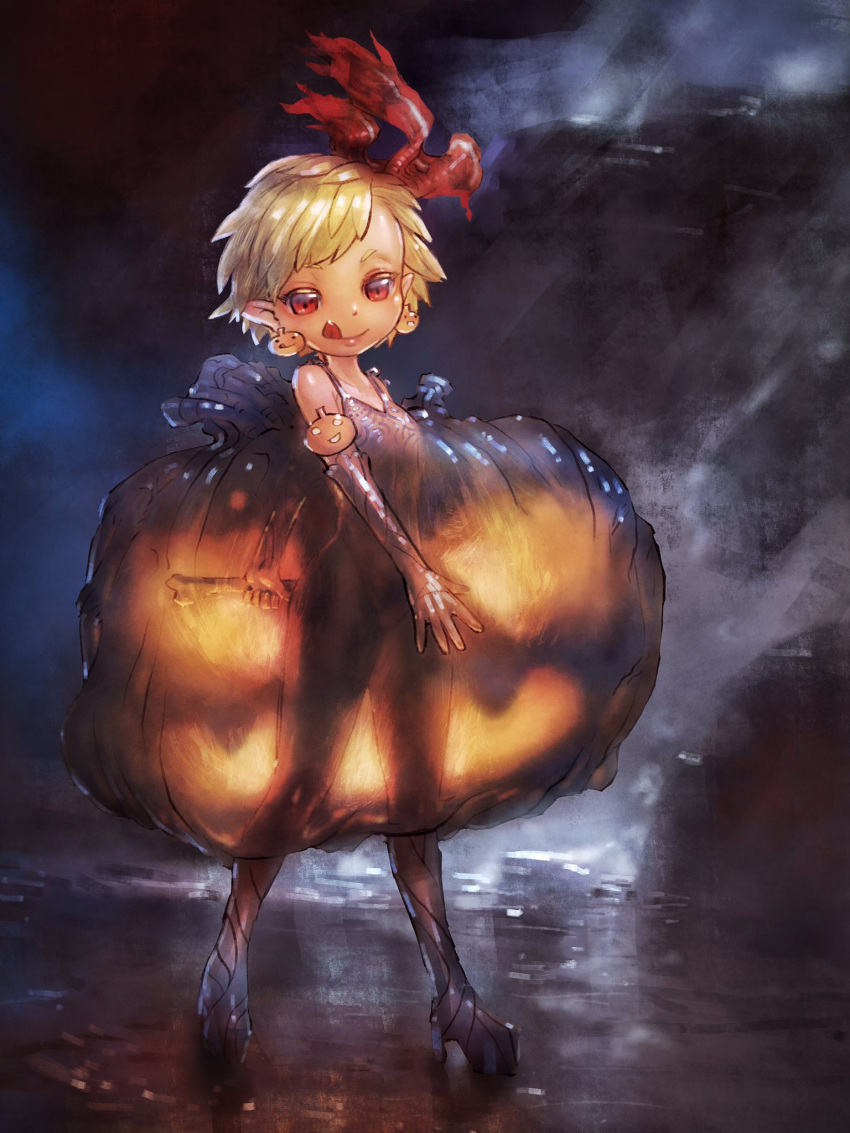 1girl bare_shoulders black_background black_dress black_footwear black_gloves blonde_hair bone closed_mouth dress earrings food_themed_earrings full_body gloves hair_ribbon highres holding jack-o'-lantern jewelry licking_lips looking_at_viewer pointy_ears pumpkin_costume pumpkin_earrings red_eyes red_ribbon ribbon rumia see-through see-through_silhouette short_hair solo standing tongue tongue_out touhou yst