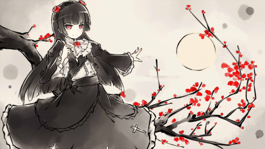 1girl black_dress black_hair calligraphy_brush color_ink_(medium) dress electricdipole frilled_dress frills gokou_ruri gothic_lolita highres hime_cut ink lolita_fashion long_dress long_hair long_sleeves mole mole_under_eye ore_no_imouto_ga_konna_ni_kawaii_wake_ga_nai paintbrush red_eyes