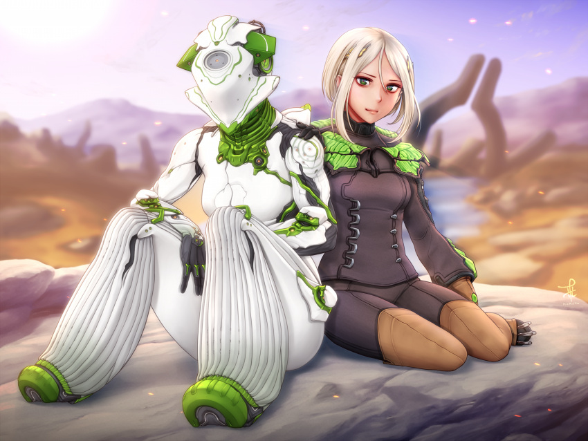 2girls bodysuit breasts closed_mouth eyebrows_visible_through_hair green_eyes hair_between_eyes hair_ornament hand_on_another's_shoulder highres horiishi_horuto looking_at_viewer multiple_girls short_hair sitting sitting_on_object smile tagme warframe white_hair