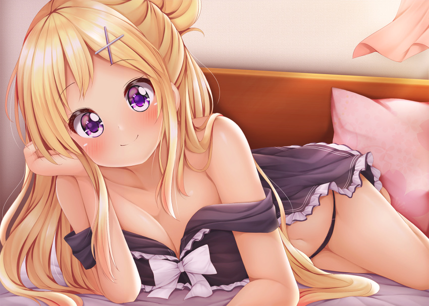 1girl arm_support babydoll bare_shoulders bed black_babydoll black_panties blonde_hair blush breasts closed_mouth collarbone commentary_request curtains hair_bun hair_ornament hairclip head_tilt indoors kin-iro_mosaic kujou_karen long_hair lying medium_breasts minato_(ojitan_gozaru) navel on_bed on_side panties pillow revision side_bun smile solo strap_slip underwear violet_eyes x_hair_ornament