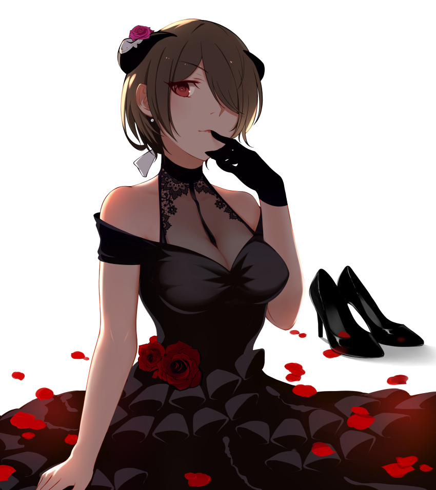 1girl absurdres babyzhugg bare_shoulders between_breasts black_choker black_dress black_footwear black_gloves breasts brown_hair choker cleavage dress earrings finger_to_mouth flower frilled_dress frills gloves hair_over_one_eye hair_ribbon halterneck high_heels highres honkai_impact horns jewelry lace long_dress looking_at_viewer medium_breasts off-shoulder_dress off_shoulder petals red_eyes red_flower red_rose ribbon rita_rossweisse rose see-through shoes shoes_removed short_hair single_glove sitting