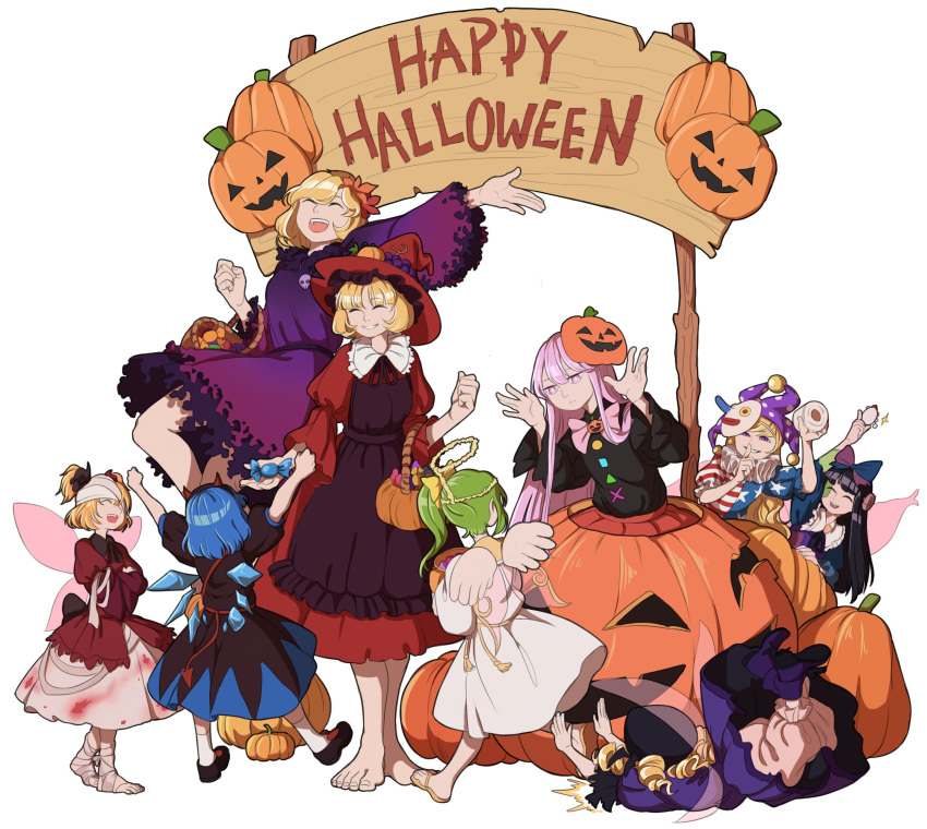 absurdres aki_minoriko aki_shizuha angel bandaged_feet barefoot boots candy cirno clownpiece daiyousei english food halloween hata_no_kokoro highres luna_child mask mask_on_head mefomefo multiple_girls pumpkin sandals shoes sign star_sapphire sunny_milk tagme toilet_paper touhou tripping