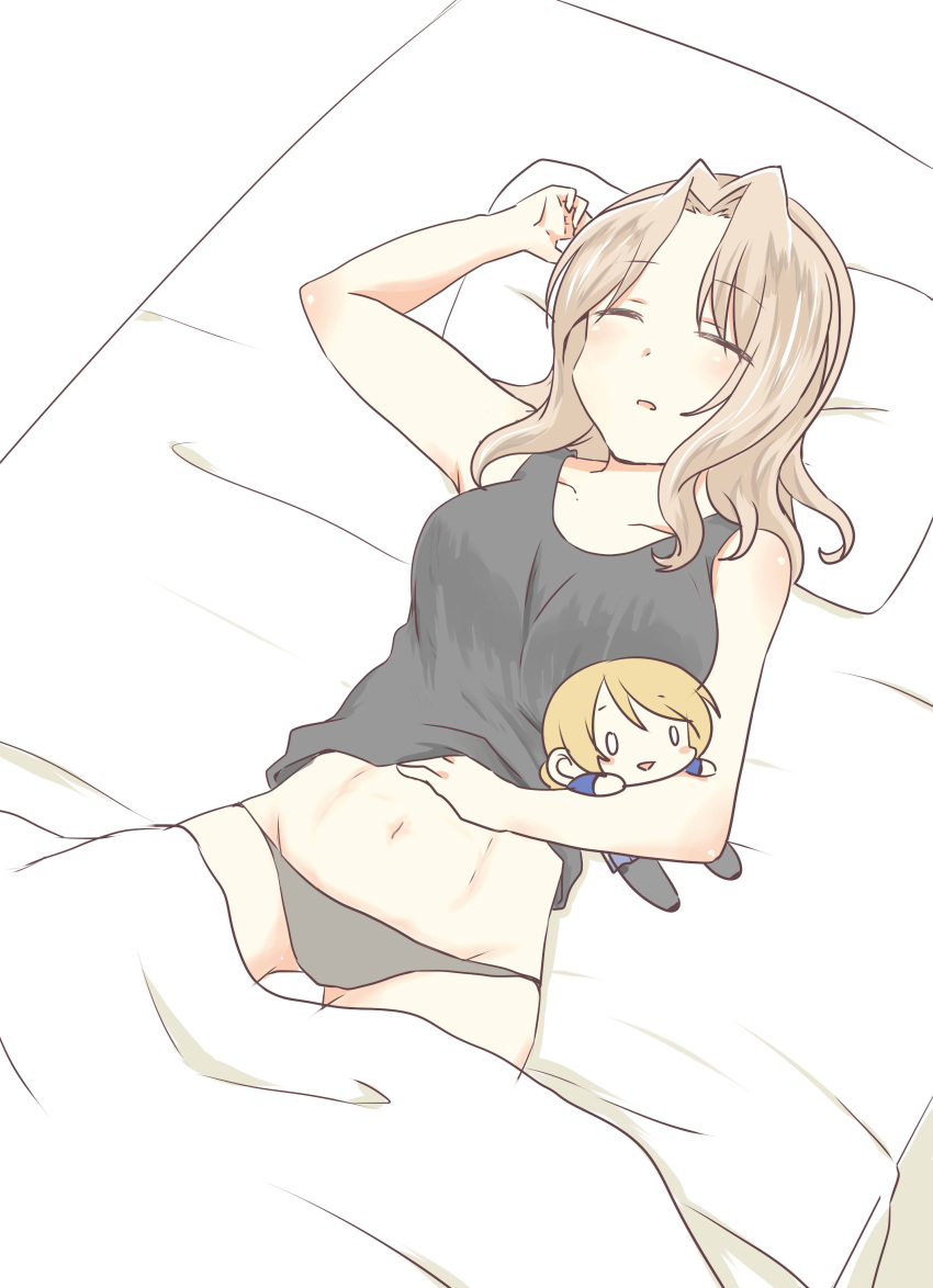 1girl absurdres arm_up bed bed_sheet black_panties black_shirt blonde_hair character_doll closed_eyes closed_mouth commentary darjeeling from_above girls_und_panzer hair_intakes highres kay_(girls_und_panzer) long_hair lying navel on_back on_bed panties pillow shirt sleeping solo tank_top underwear underwear_only zol_(rambling7)