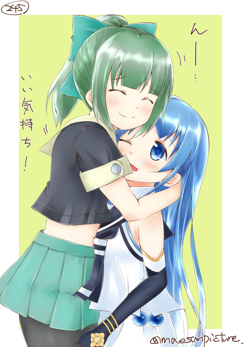 2girls ^_^ ^o^ bangs bare_shoulders black_gloves blue_eyes blue_hair bow closed_eyes commentary_request crop_top elbow_gloves eyebrows eyebrows_visible_through_hair gloves green_hair green_skirt hair_bow highres hug kantai_collection long_hair mae_(maesanpicture) multiple_girls numbered one_eye_closed pantyhose pleated_skirt ponytail samidare_(kantai_collection) school_uniform serafuku skirt translated twitter_username yuubari_(kantai_collection)