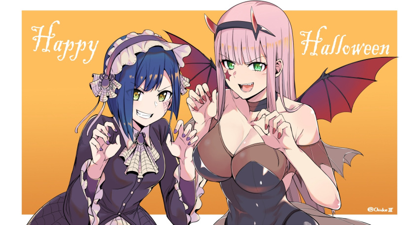 2girls :d bangs black_choker black_hairband blue_hair blunt_bangs breasts bug chicke_iii choker claw_pose cleavage collarbone commentary_request darling_in_the_franxx demon_wings eyebrows_visible_through_hair facepaint fingernails frilled_sleeves frills green_eyes grin hairband halloween_costume happy_halloween highres horns ichigo_(darling_in_the_franxx) large_breasts leaning_forward lolita_hairband long_hair long_sleeves looking_at_viewer multiple_girls nail_polish off_shoulder open_mouth orange_background pink_hair purple_nails red_wings short_hair sidelocks simple_background small_breasts smile spider star strapless teeth twitter_username upper_body upper_teeth v-shaped_eyebrows very_long_hair wide_sleeves wings yellow_eyes zero_two_(darling_in_the_franxx)