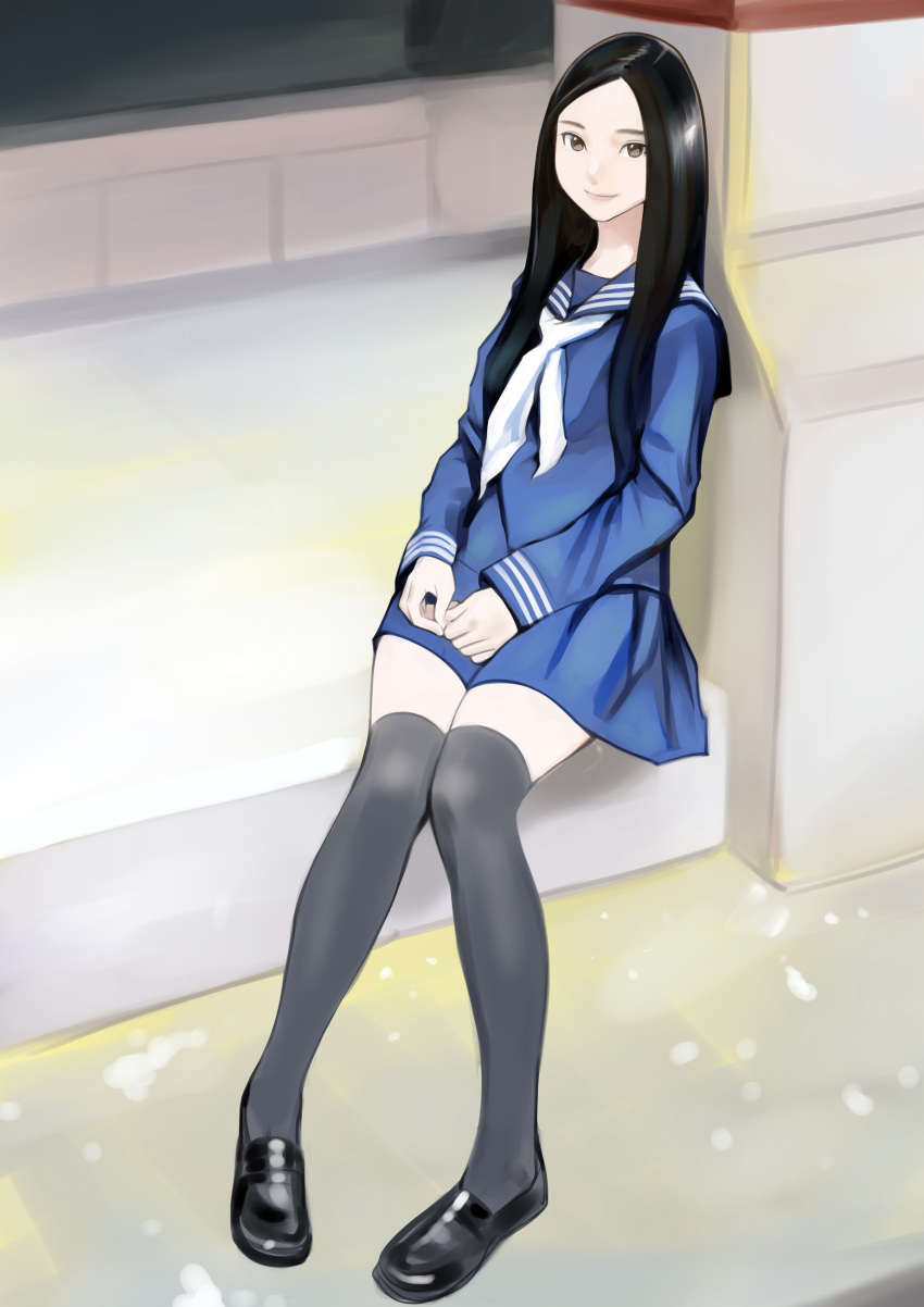 1girl absurdres black_eyes black_footwear black_hair black_legwear blue_sailor_collar blue_serafuku blue_shirt blue_skirt closed_mouth commentary_request dytm full_body highres knees_together_feet_apart loafers long_hair long_sleeves looking_at_viewer original over-kneehighs pale_skin pigeon-toed pleated_skirt sailor_collar school_uniform serafuku shirt shoes skirt smile solo thigh-highs uniform zettai_ryouiki