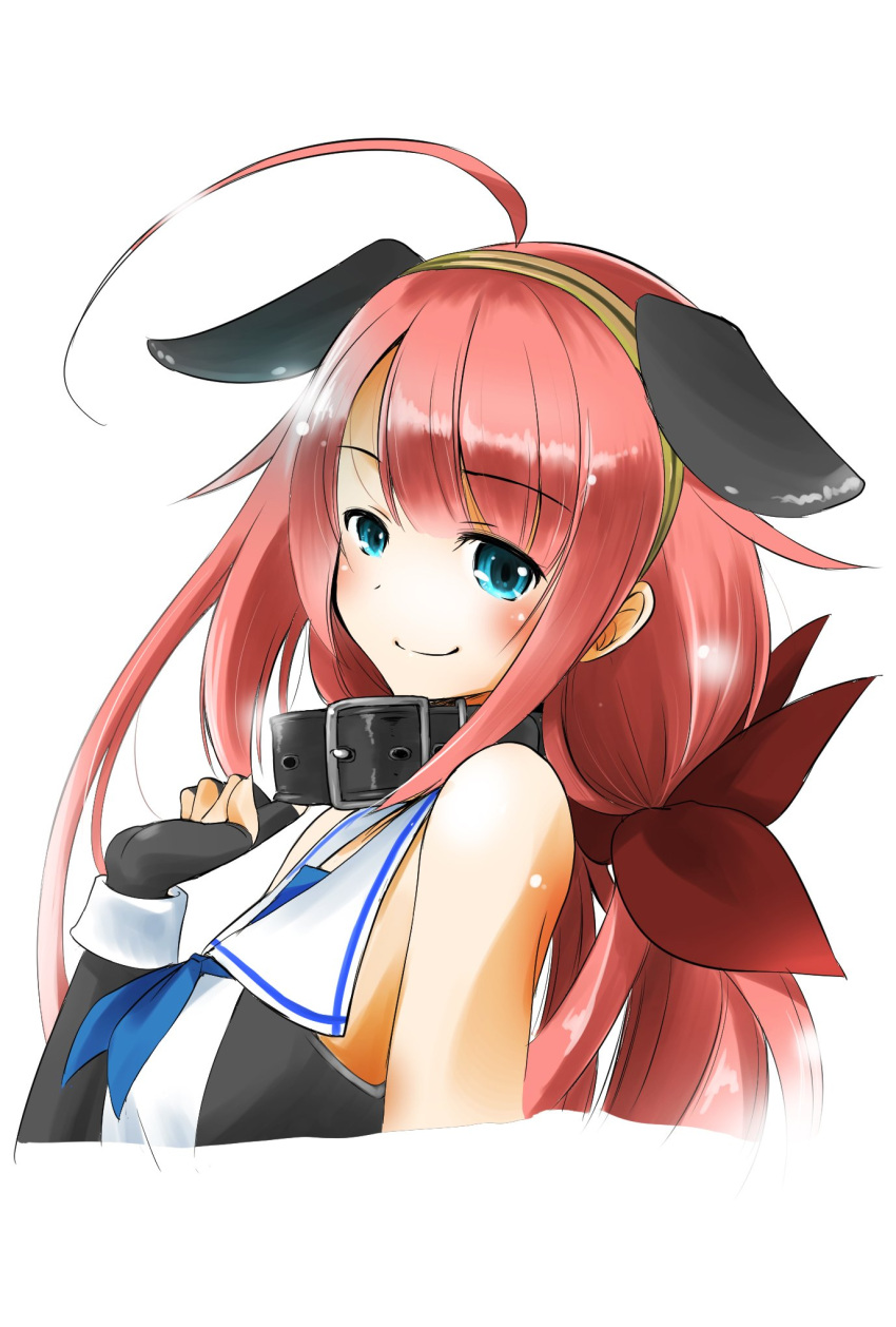 ahoge animal_ears asymmetrical_bangs bangs bare_shoulders black_gloves blue_eyes blue_neckwear closed_mouth collar collarbone collared_shirt commentary_request dog_ears ears elbow_gloves fingerless_gloves gloves hair_ribbon hairband highres kantai_collection kawakaze_(kantai_collection) long_hair looking_at_viewer low_twintails neckerchief red_ribbon redhead ribbon shirt sidelocks simple_background sleeveless sleeveless_shirt smile taisinkoku twintails very_long_hair white_background yellow_hairband