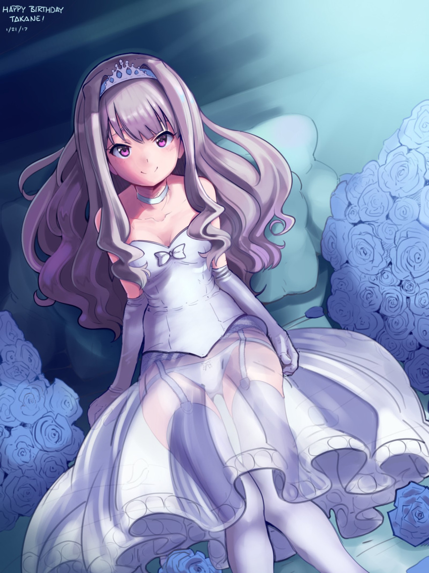 1girl bed_sheet boa_(brianoa) bow breasts character_name choker cleavage collarbone dated diadem elbow_gloves flower garter_straps gloves happy_birthday highres idolmaster idolmaster_(classic) long_hair looking_at_viewer panties purple_flower purple_rose red_eyes rose see-through shijou_takane silver_hair sitting skirt small_breasts smile solo strapless thigh-highs underwear white_bow white_gloves white_legwear white_panties