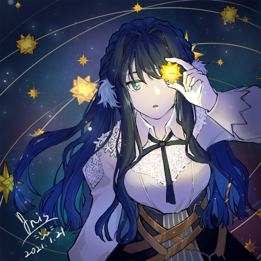 1girl arknights astesia_(arknights) blue_eyes blue_hair dated dress floral_print glowing iris@work long_hair signature sky star_(sky) star_(symbol) starry_sky