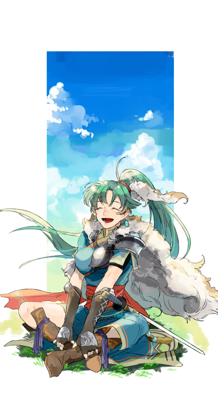 1girl absurdres bow_(weapon) closed_eyes earrings fingerless_gloves fire_emblem fire_emblem:_rekka_no_ken fire_emblem_heroes gloves green_hair high_ponytail highres jewelry long_hair looking_at_viewer lyndis_(fire_emblem) nintendo nonomori_(anst_nono) open_mouth pelvic_curtain ponytail side_slit sky smile solo weapon