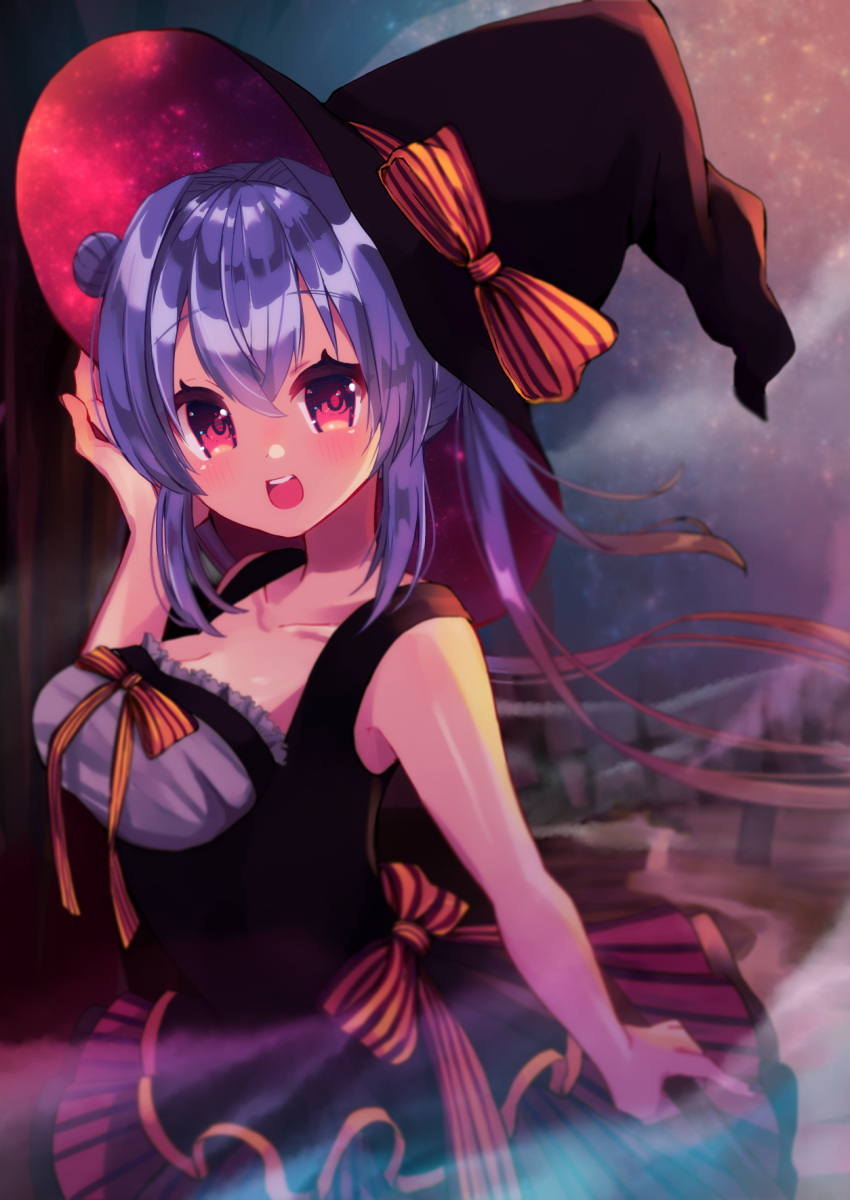 1girl :d arm_up bangs bare_arms bare_shoulders beniko_(ymdbnk) black_hat black_shirt blush bow breasts cleavage collarbone eyebrows_visible_through_hair hair_between_eyes hair_bun hair_intakes hat hat_bow head_tilt highres long_hair looking_at_viewer looking_to_the_side medium_breasts open_mouth orange_bow original pleated_skirt ponytail purple_hair red_eyes round_teeth shirt side_bun sidelocks skirt sleeveless sleeveless_shirt smile solo striped striped_bow teeth upper_teeth vertical-striped_skirt vertical_stripes very_long_hair witch_hat