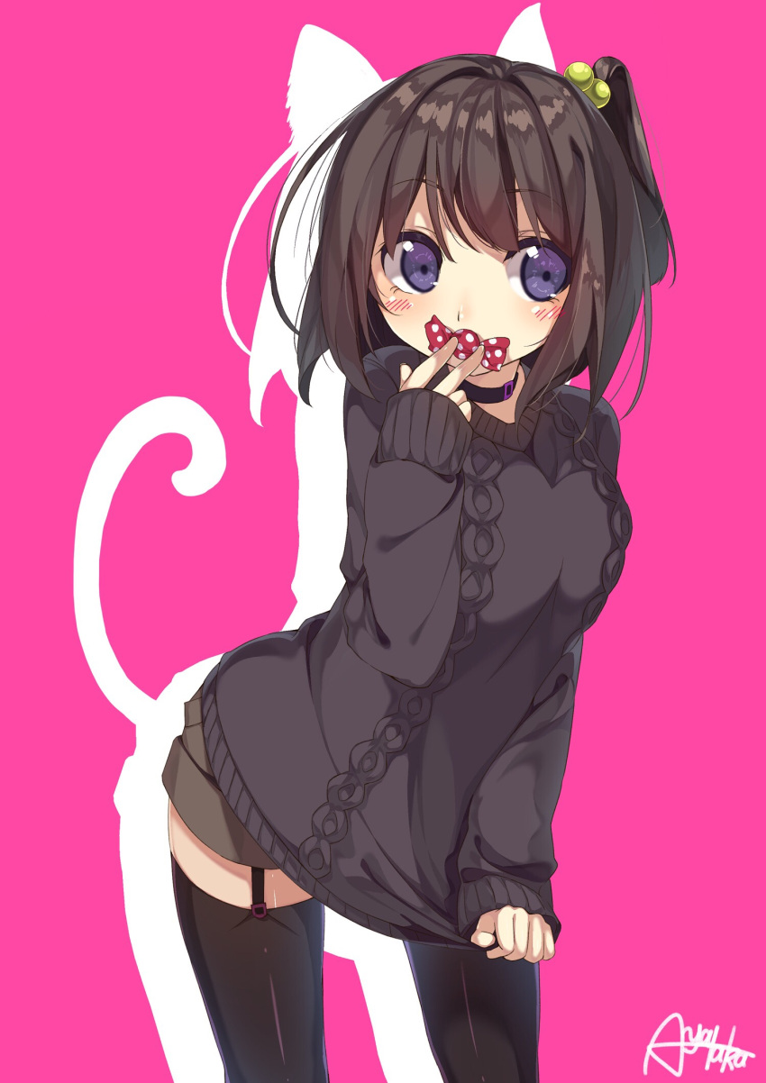 1girl animal_ears artist_name ayataka black_legwear black_sweater breasts brown_hair candy cat_ears cat_tail clothes_tug different_shadow food garter_straps hair_bobbles hair_ornament highres long_sleeves original short_hair short_shorts shorts side_ponytail simple_background sleeves_past_wrists sweater sweater_tug tail thigh-highs violet_eyes