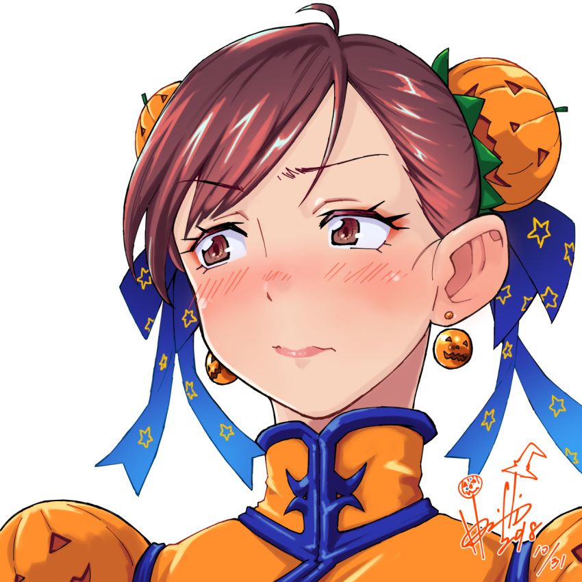 1girl blush brown_eyes brown_hair bun_cover capcom chun-li commentary_request dated double_bun dress earrings embarrassed food_themed_hair_ornament hair_ornament hair_ribbon halloween highres hori_shin jack-o'-lantern jack-o'-lantern_earrings jewelry lips looking_to_the_side orange_dress pixiv portrait pumpkin pumpkin_hair_ornament ribbon signature street_fighter