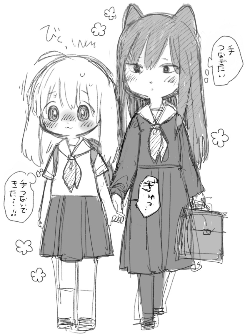 2girls :3 bag bangs blush commentary_request full_body greyscale hand_holding highres holding holding_bag itou_hachi kneehighs long_hair long_sleeves monochrome multiple_girls neckerchief nose_blush pleated_skirt school_uniform serafuku shirt short_sleeves side-by-side skirt speech_bubble standing thought_bubble translation_request