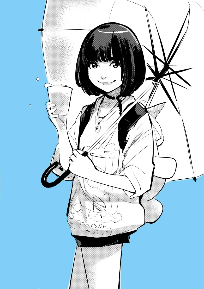 1girl absurdres backpack bag bangs blue_background choker commentary_request cowboy_shot cup dytm greyscale highres holding holding_cup hooldie jewelry long_sleeves looking_at_viewer monochrome necklace original short_hair shorts simple_background sleeves_pushed_up solo umbrella