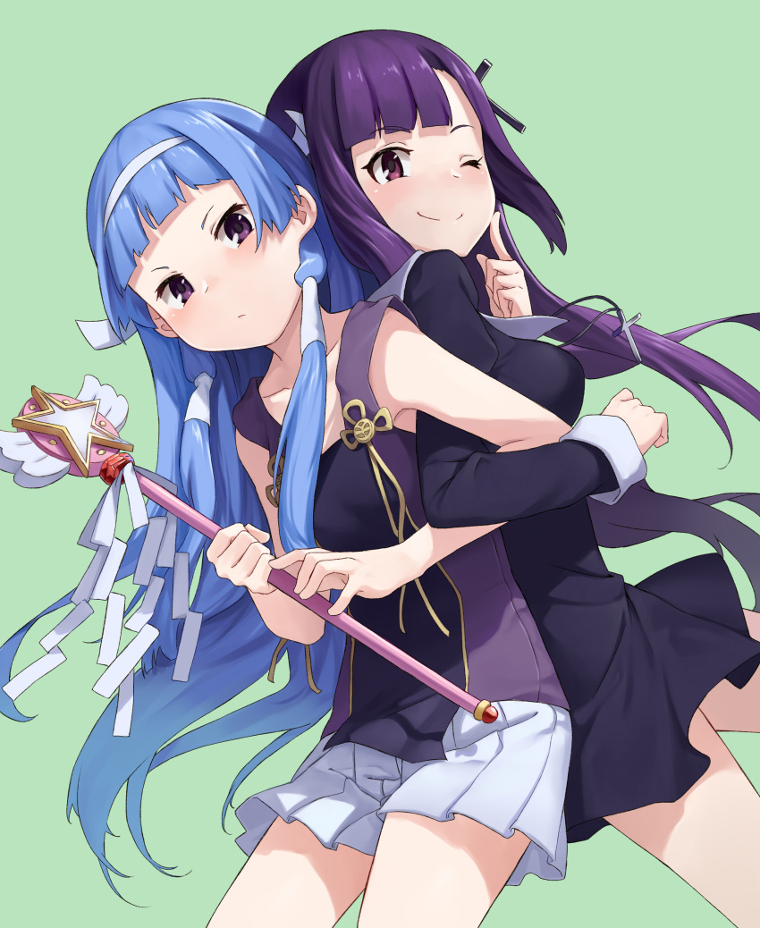 2girls absurdres bangs blue_hair chinese_commentary commentary commentary_request cross cross_hair_ornament cross_necklace hair_ornament hair_tubes highres jewelry kannagi lkqyan long_hair looking_at_viewer multiple_girls nagi necklace nun purple_hair sign solo violet_eyes wand zange