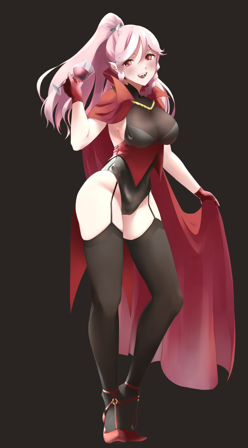 1girl absurdres black_background black_legwear braid breasts cape cup drinking_glass fangs fire_emblem fire_emblem:_kakusei full_body gloves halloween_costume highres long_hair medium_breasts nintendo olivia_(fire_emblem) open_mouth pink_hair ponytail red_cape red_eyes red_gloves simple_background skeptycally solo standing twin_braids wine_glass