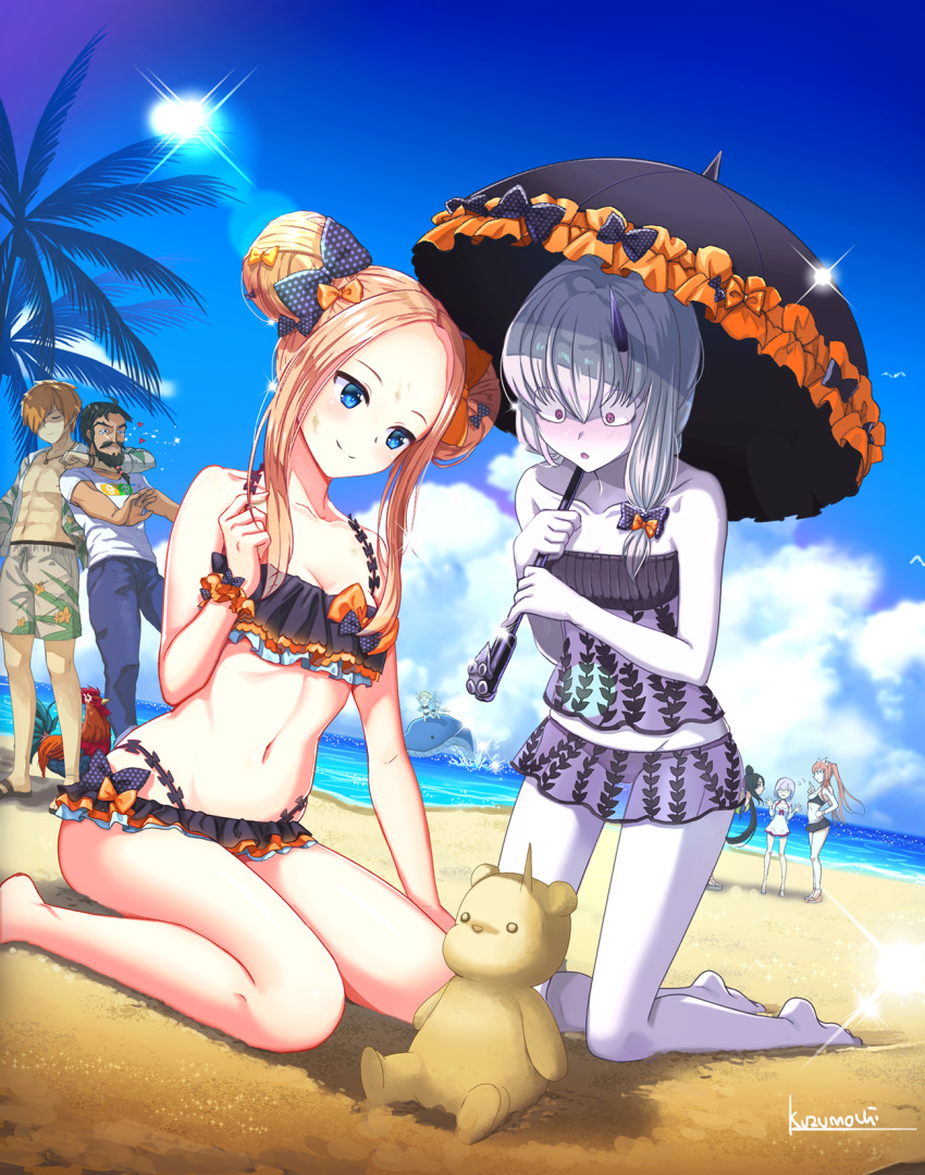 2boys 5girls :o abigail_williams_(fate/grand_order) anger_vein artist_name ass bare_arms bare_legs bare_shoulders barefoot beach beard bikini bird black_bikini black_footwear black_hair black_umbrella blonde_hair blue_jacket blue_pants blue_sky blush breasts brown_hair brown_shirt brown_shorts chicken closed_mouth clouds collarbone commentary_request day double_bun dress dress_swimsuit dutch_angle edward_teach_(fate/grand_order) emerald_float facial_hair fate/grand_order fate_(series) flying_sweatdrops hair_over_one_eye head_tilt heart highres holding holding_umbrella horizon jacket jeanne_d'arc_(alter_swimsuit_berserker) jeanne_d'arc_(fate)_(all) jeanne_d'arc_(swimsuit_archer) kuzumochi_(kuzumochiya) lavinia_whateley_(fate/grand_order) leaning_forward long_hair mash_kyrielight medb_(fate)_(all) medb_(swimsuit_saber)_(fate) multiple_boys multiple_girls mustache navel ocean open_clothes open_jacket open_shirt out_of_frame outdoors pale_skin pants parted_lips pink_hair ponytail purple_hair revision robin_hood_(fate) sand sand_sculpture sandals shirt short_hair short_shorts short_sleeves shorts side_bun sidelocks signature silver_hair sitting sky small_breasts smile standing sun swimsuit swimsuit_of_perpetual_summer umbrella ushiwakamaru_(fate/grand_order) ushiwakamaru_(swimsuit_assassin)_(fate) very_long_hair violet_eyes wariza water whale white_dress white_shirt wide-eyed
