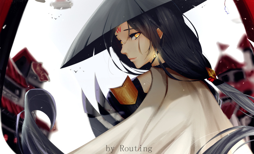 1girl artist_name black_hair closed_mouth eyebrows_visible_through_hair hat highres long_hair looking_at_viewer original rice_hat routing-zhengyi solo upper_body very_long_hair yellow_eyes