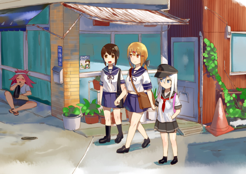 :d awning bag bangs black_footwear black_legwear blue_eyes blue_sailor_collar blue_skirt blush breasts brick_wall brown_bag brown_eyes brown_hair character_request closed_eyes closed_mouth commentary_request day double_horizontal_stripe drinking drunk kantai_collection kneehighs kusaka_souji loafers long_hair mailbox_(incoming_mail) miniskirt multiple_girls navel neckerchief open_mouth orange_eyes orange_hair outdoors pink_hair plant pleated_skirt potted_plant red_neckwear rust sailor_collar school_uniform serafuku shirt shoes short_sleeves shoulder_bag silver_hair sitting skirt smile traffic_cone walking white_shirt