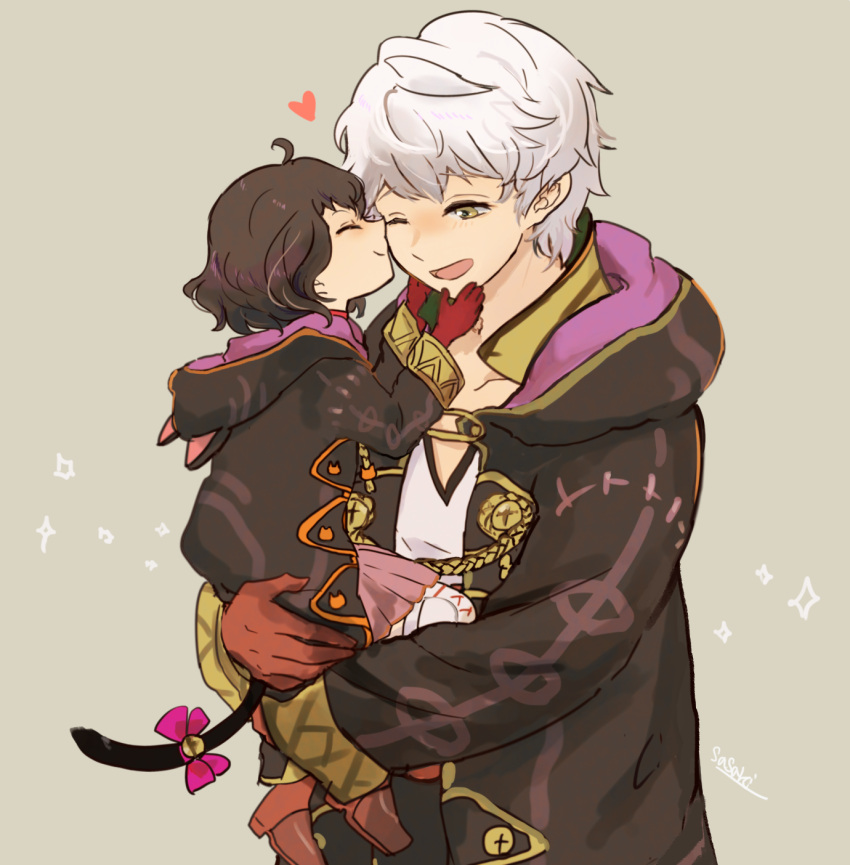 1boy 1girl bell black_hair brown_gloves carrying cat_tail closed_eyes fake_tail father_and_daughter fire_emblem fire_emblem:_kakusei from_side gloves grey_background highres hood hood_down long_sleeves male_my_unit_(fire_emblem:_kakusei) mark_(female)_(fire_emblem) mark_(fire_emblem) my_unit_(fire_emblem:_kakusei) nintendo one_eye_closed open_mouth robe sasaki_(dkenpisss) short_hair signature simple_background tail white_hair
