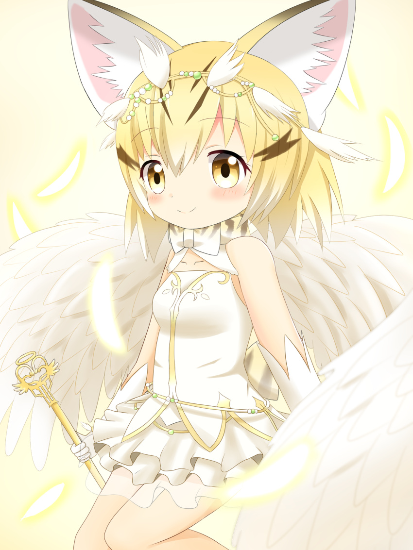 1girl alternate_costume animal_ear_fluff animal_ears bangs bare_shoulders blonde_hair blush brown_eyes cat_ears closed_mouth commentary_request dress elbow_gloves eyebrows_visible_through_hair feathered_wings gloves glowing gradient_hair hair_between_eyes hair_ornament highres holding holding_staff kemono_friends multicolored_hair sand_cat_(kemono_friends) shin01571 smile solo staff white_dress white_gloves white_hair white_wings wings