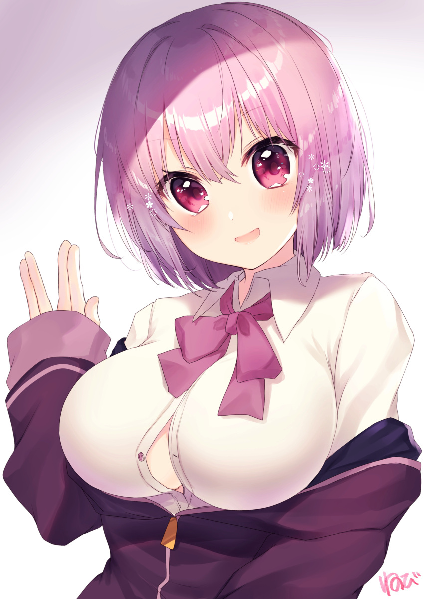 1girl absurdres blush bow bowtie breasts eyebrows_visible_through_hair gradient gradient_background highres large_breasts looking_at_viewer nenobi_(nenorium) open_mouth pink_eyes pink_hair pink_neckwear shinjou_akane shirt short_hair signature sleeves_past_wrists smile solo ssss.gridman white_background white_shirt