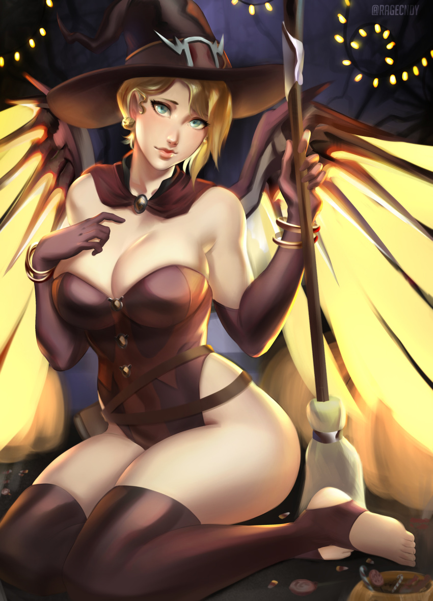 1girl absurdres adapted_costume asymmetrical_hair blonde_hair blue_eyes book bracelet breasts brown_gloves brown_legwear candy cleavage earrings elbow_gloves feet food gloves halloween hat highleg highleg_leotard highres jack-o'-lantern jack-o'-lantern_earrings jewelry looking_at_viewer mechanical_wings mercy_(overwatch) overwatch ragecndy short_hair sitting solo strap strapless strapless_leotard thigh-highs toeless_legwear toes wings witch witch_hat witch_mercy yokozuwari