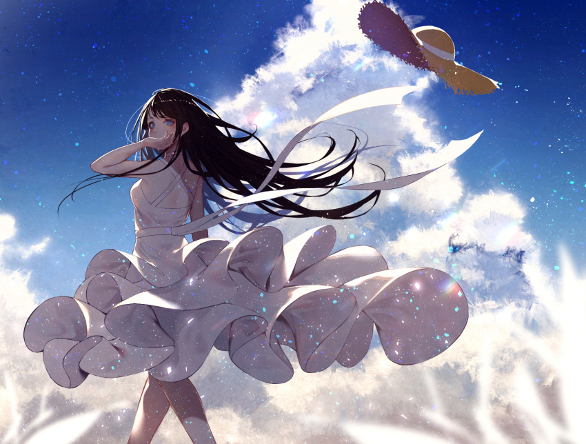 1girl bare_arms bare_shoulders blue_eyes blue_sky blush breasts brown_hair clouds commentary_request covered_mouth day dress hat hat_removed headwear_removed highres kisui_(user_wswf3235) long_hair looking_at_viewer looking_to_the_side original outdoors revision ribbon sky sleeveless sleeveless_dress small_breasts solo standing straw_hat very_long_hair white_dress white_ribbon window