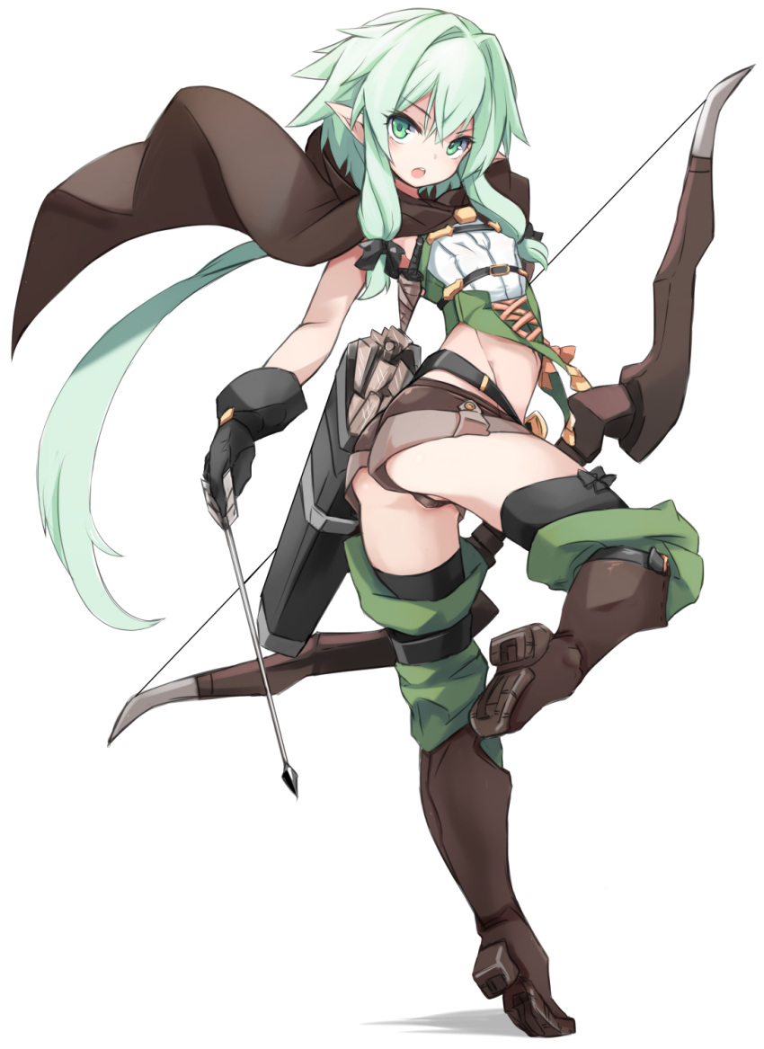 1girl :o aqua_hair ass black_bow blush boots bow bow_(weapon) commentary_request crossbow elf flat_chest full_body gloves goblin_slayer! green_eyes high_elf_archer_(goblin_slayer!) highres karukan_(monjya) leg_up long_hair looking_at_viewer navel open_mouth pointy_ears revision robe short_shorts shorts sidelocks simple_background weapon white_background