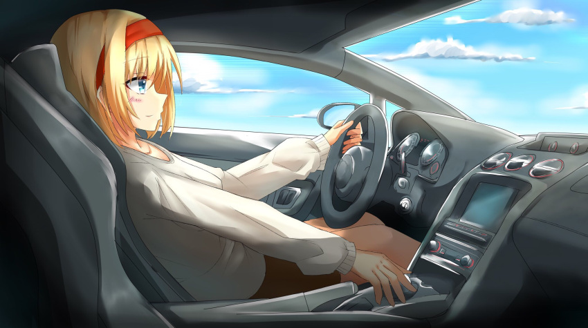 1girl alice_margatroid alternate_costume bangs blonde_hair blue_eyes blue_sky blush car_interior closed_mouth clouds commentary_request day driving eyebrows_visible_through_hair hairband highres leaning_back long_sleeves looking_away red_hairband short_hair sitting sky smile solo sweater touhou white_sweater yuki_(snowmaiden)