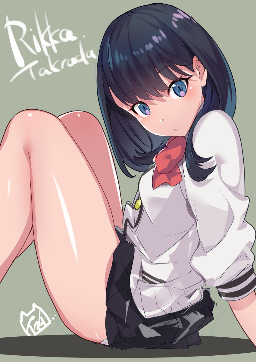 1girl black_hair black_skirt blue_eyes bow bowtie cardigan character_name eyebrows_visible_through_hair green_background highres legs long_sleeves looking_at_viewer red_neckwear short_hair simple_background sitting sketch skirt solo ssss.gridman takarada_rikka thighs white_cardigan yamacchi