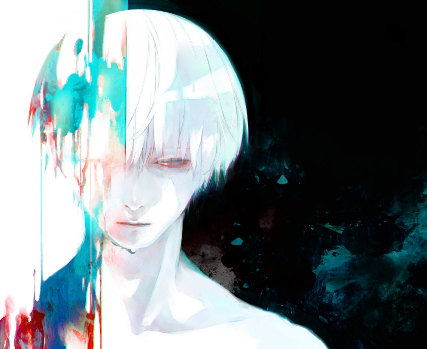 1boy grey_eyes kaneki_ken koujima_shikasa looking_away nude sad short_hair solo tokyo_ghoul upper_body white_hair white_skin