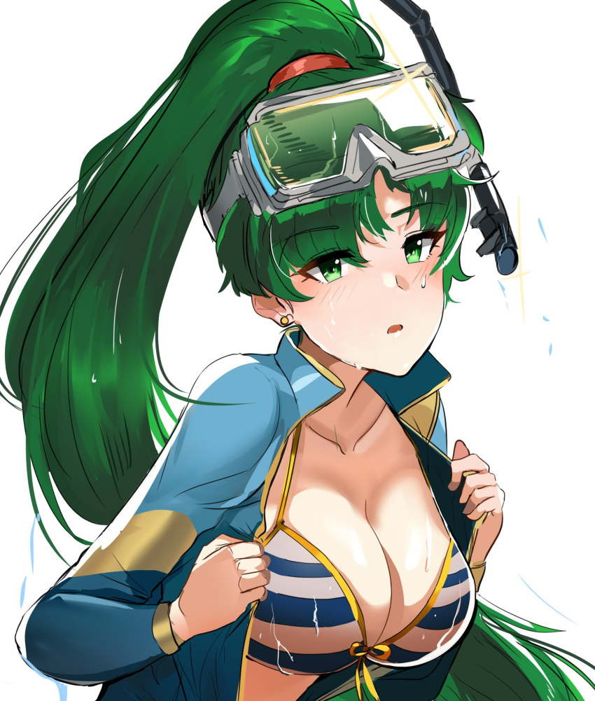 1girl breasts cleavage collarbone earrings eyebrows_visible_through_hair fire_emblem fire_emblem:_rekka_no_ken front-tie_bikini front-tie_top green_eyes green_hair high_ponytail highres jewelry large_breasts long_hair lyndis_(fire_emblem) nintendo open_mouth open_wetsuit ormille simple_background solo striped_bikini_top upper_body very_long_hair wet wetsuit white_background